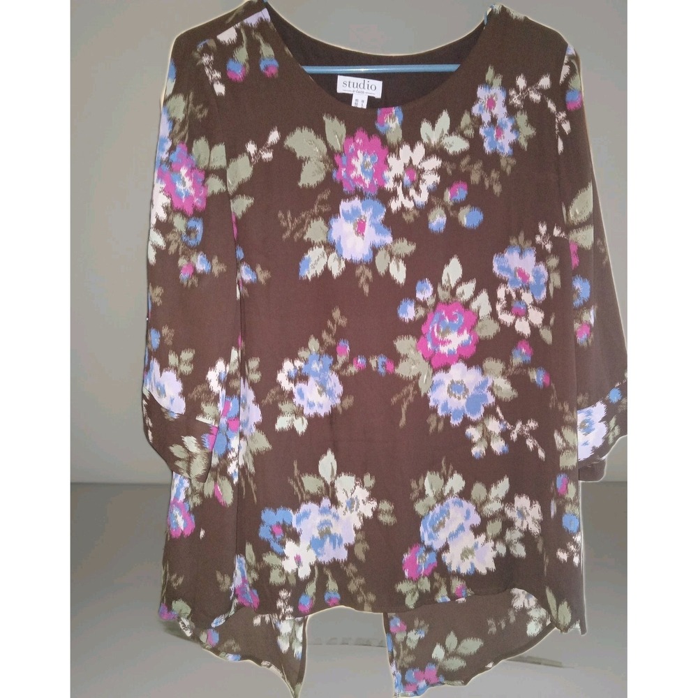 Studio By D & Co. Blouse Womens Sz M Brown Floral Split Back Whimsigoth Romantic